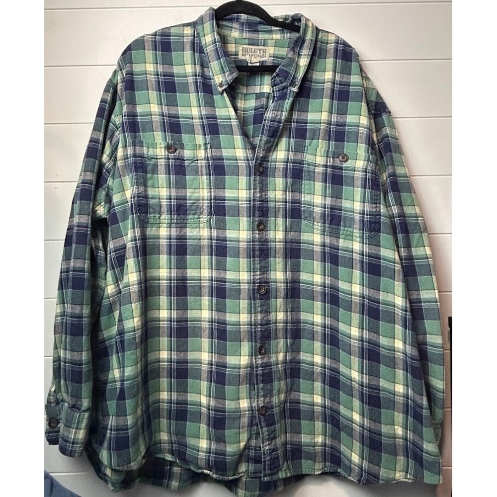 Duluth Trading 3XL Green/Blue Long Sleeve Plaid Flannel Heavy Weight